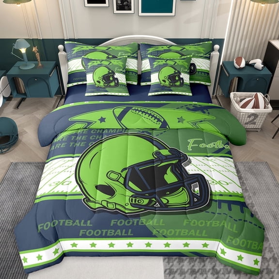 jejeloiu Football Game Helmet 7-Piece Twin Bedding Sets,Deepblue Green Deepblue Bedding Comforter Set For Rugby Gamer Reversible