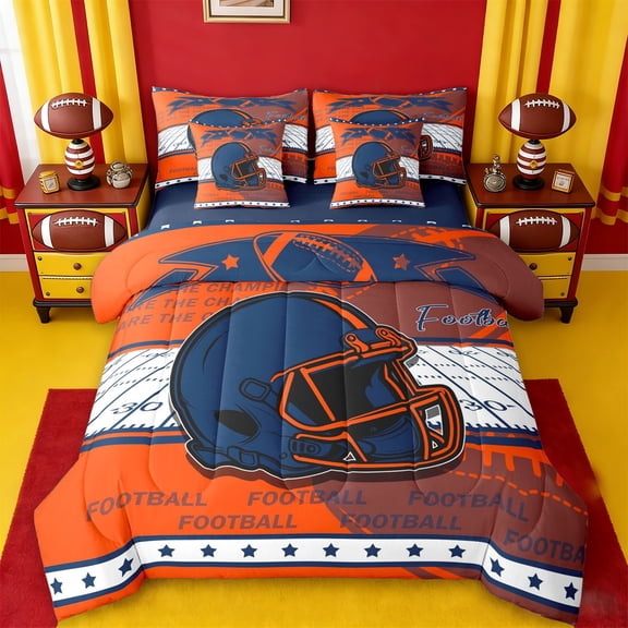 jejeloiu Football Game Helmet 7-Piece Twin Bedding Sets,Deepblue Orange White Bedding Comforter Set For Rugby Gamer Reversible