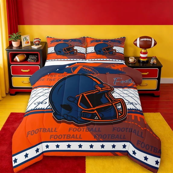 jejeloiu Football Game Helmet Full Size Comforter Sets,Deepblue Orange White Bedding Sets For Rugby Gamer Reversible 3-Piece
