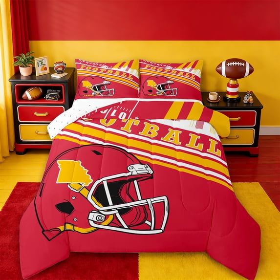 jejeloiu Football Game Helmet Queen Comforter Set,Yellow Red Bedding Comforter Set For Boy Men Reversible 3pcs