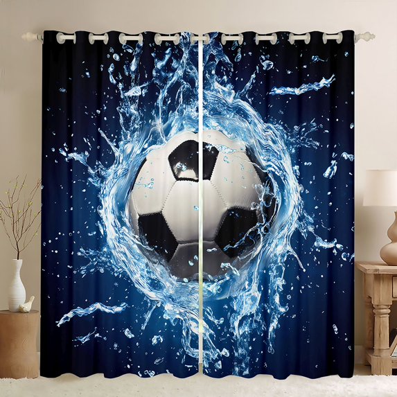 jejeloiu Football Game Lovers Blackout Curtains Set of 2 (52x84 Each),Soccer Sport Theme Window Curtains,Blue White Black Curtains and Drapes For Boys Kids,Microfiber Bedroom Decor