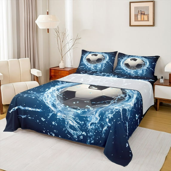jejeloiu Football Game Lovers Full Size Sheets,Soccer Sport Theme Bed Sheets,Blue White Black Sheet Sets For Boys Kids,Microfiber Bedroom Decor,4-Piece