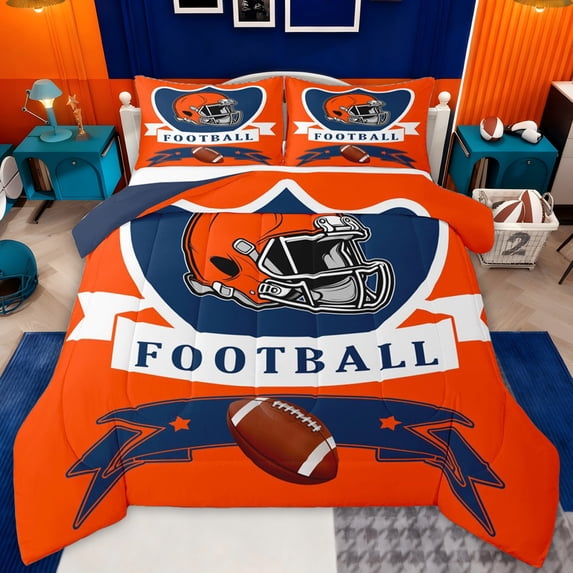 jejeloiu Football Game Queen Comforter Set,Orange Rugby Helmet Bedding Comforter Set For Man Woman Reversible 3pcs
