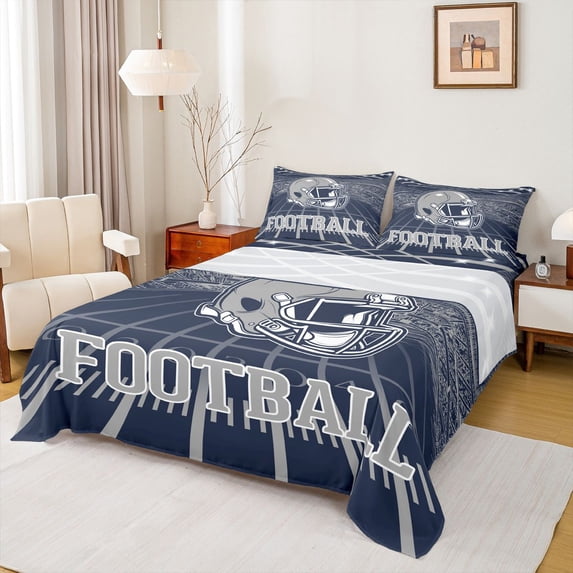 jejeloiu Football Game Queen Sheet Sets,Gray Deepblue Bed Set For Teens 4 Pieces