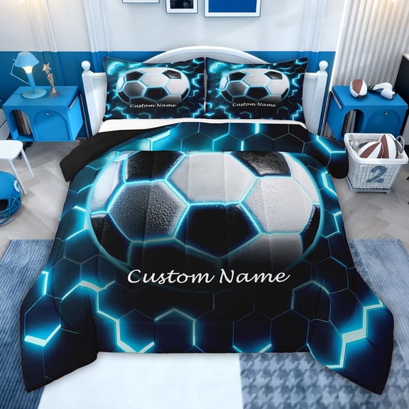 jejeloiu Football Game Sport Twin Comforter Sets,Neon Blue Hexagon Bedding Set For Boys Girls Reversible 2 Pieces