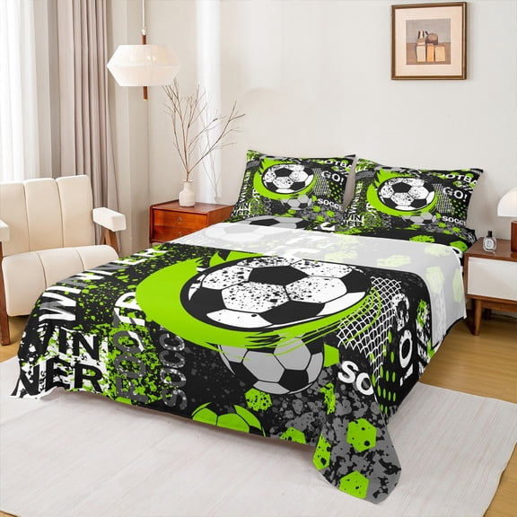 jejeloiu Football Game Twin Sheet Sets,Soccer Sport Theme Twin Fitted Sheet,Green Black Splashing Ink Flat Sheet For Boys Kids,Super Cozy Room Decor,3-Piece