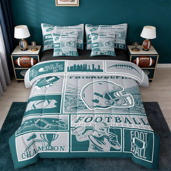 jejeloiu Football Gamer Silhouette 7pcs Bedding Comforter Set,Gray Green Plaid Queen Bedding Sets For Rugby Lover Reversible