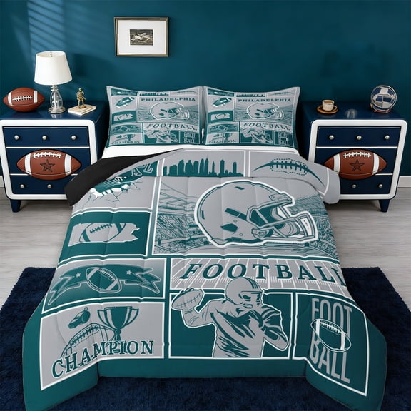 jejeloiu Football Gamer Silhouette Twin Comforter Sets,Gray Green Plaid Bedding Set For Rugby Lover Reversible 2 Pieces