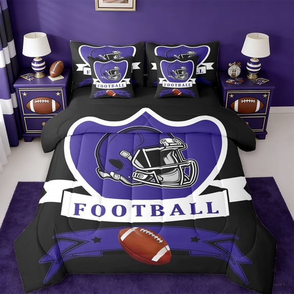 jejeloiu Football Games 7-Piece Twin Bedding Sets,Black Purple Bedding Comforter Set For Rugby Gamer Reversible