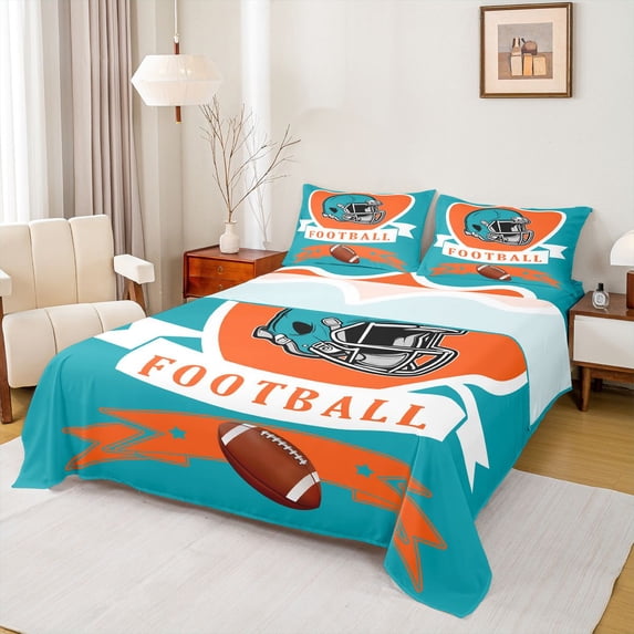 jejeloiu Football Games Full Size Sheets,Cyan Orange Bed Sheets For Rugby Gamer 4pcs