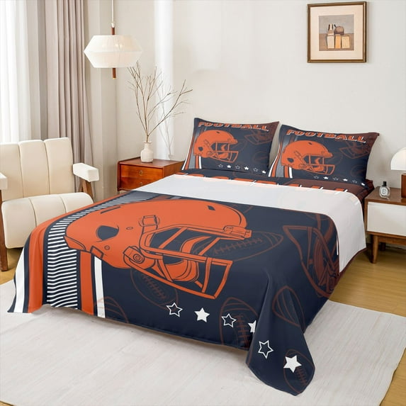 jejeloiu Football Games Helmet Bed Sheets,Black Orange King Sheets For Rugby Gamer 4 Pieces