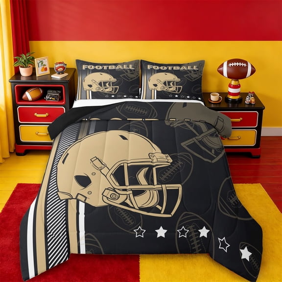 jejeloiu Football Games Helmet Twin Comforter Sets,Gold Black Bedding Set For Rugby Gamer Reversible 2 Pieces