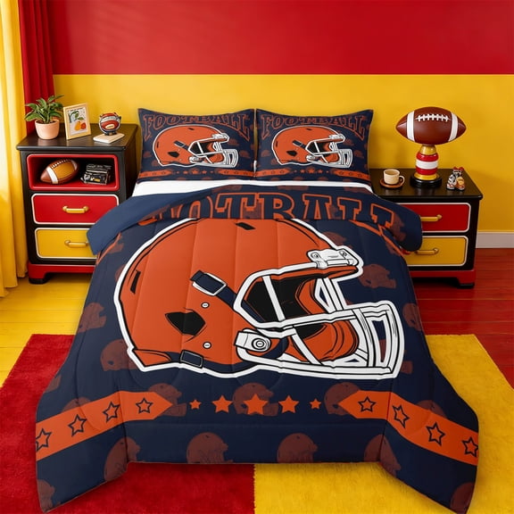 jejeloiu Football Games Helmet Twin Comforter Sets,Orange Deepblue Bedding Set For Rugby Gamer Reversible 2 Pieces