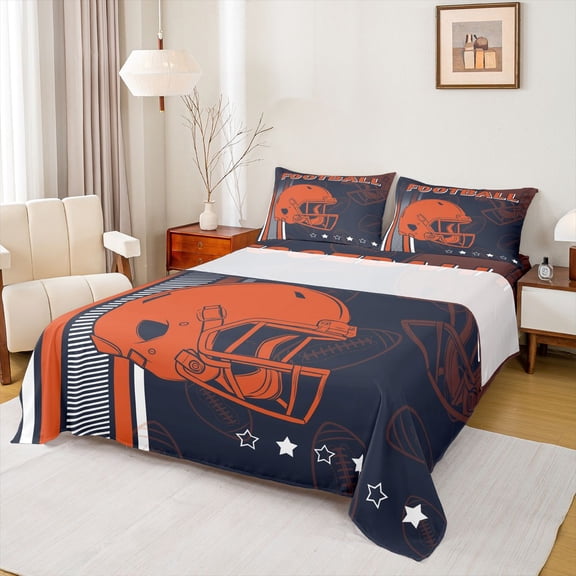jejeloiu Football Games Helmet Twin Sheet Sets,Black Orange Bedding For Rugby Gamer 3 Pieces