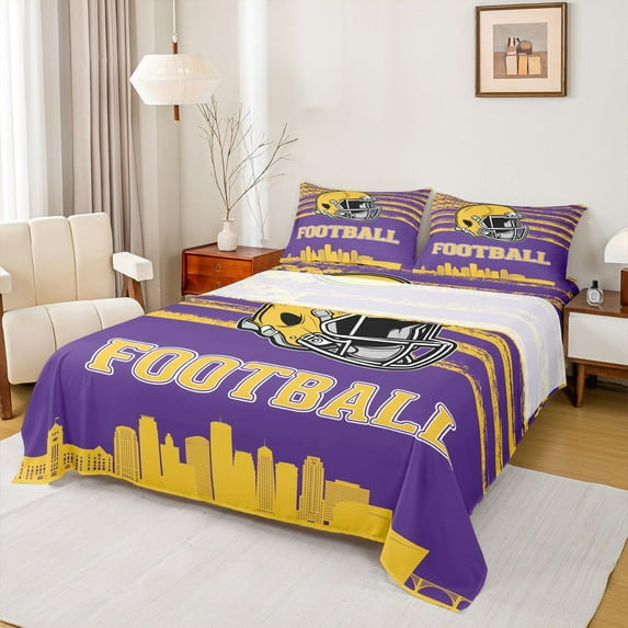jejeloiu Football Rugby Game Queen Sheet Sets,Yellow Sport Helmet Bed Set For Ball Lovers 4 Pieces