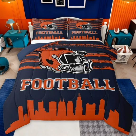 jejeloiu Football Rugby Game Twin Comforter Sets,Orange Sport Helmet Bedding Set For Ball Lovers Reversible 2-Piece