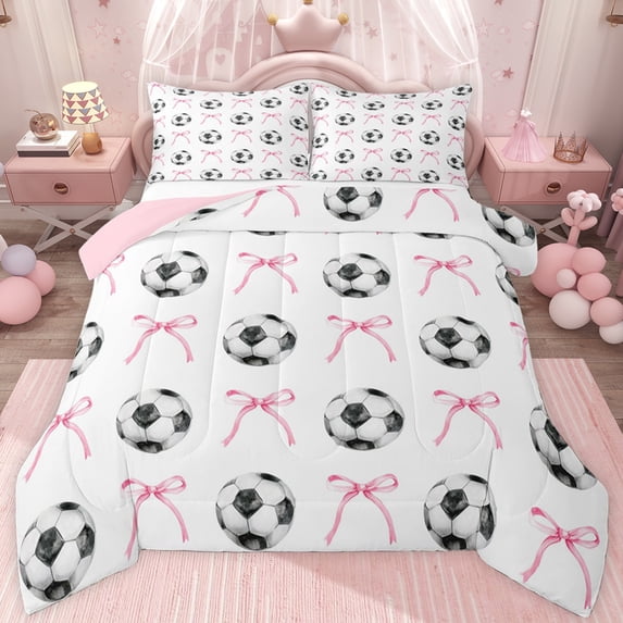 jejeloiu Soccer Bow Twin 2-Piece Reversible Cartoon Ribbon Sport Comforter Set