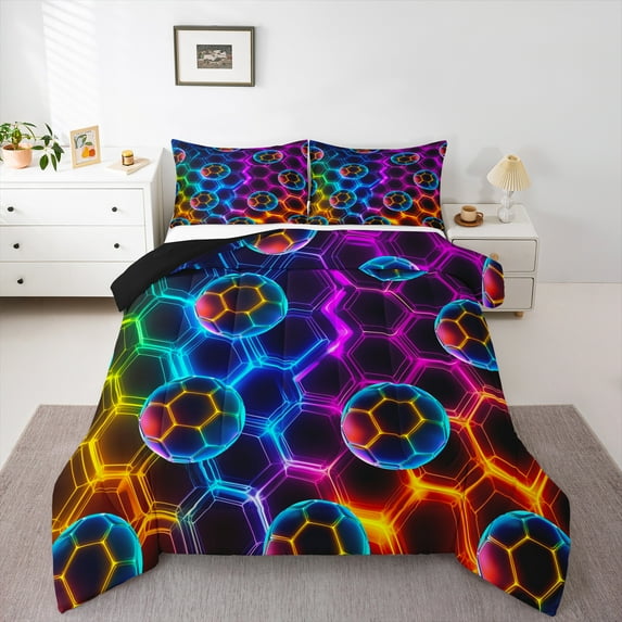 jejeloiu Football Soccer Sport Bedding Comforter Set,Colorful Geometric Hockeycomb Hexagon Twin Comforter Sets,Blue Purple Orange Bedding Set For Boys Kids,Ultra Soft Home Decor Reversible,2pcs