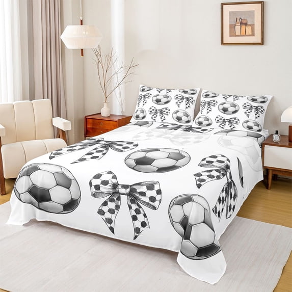 jejeloiu Football Soccer Sport Full Size Sheets,Polka Dots Bowknot Bed Sheets For Girls Teens 4-Piece