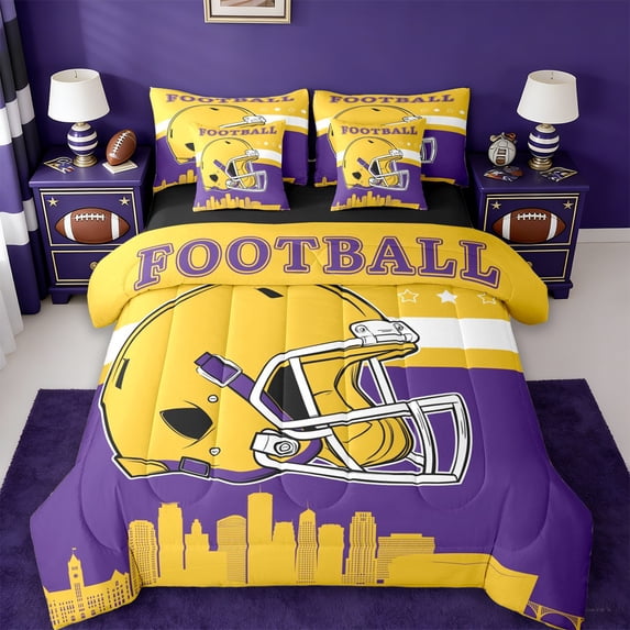 jejeloiu Football Sport City 7-Piece Bedding Comforter Set,Purple Yellow King Bedding Sets For Teens Reversible