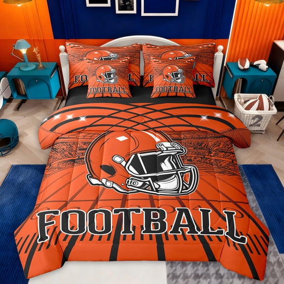 jejeloiu Football Sport City 7pcs Bedding Comforter Set,Orange Rugby Helmet Queen Bedding Sets For Boys Teens Reversible