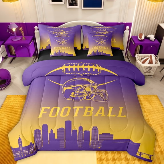 jejeloiu Football Sport City 7pcs Bedding Comforter Set,Purple Yellow Helmet Queen Bedding Sets For Rugby Lover Reversible