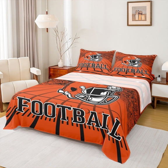 jejeloiu Football Sport City Full Size Sheets,Orange Rugby Helmet Bed Sheets For Boys Teens 4pcs