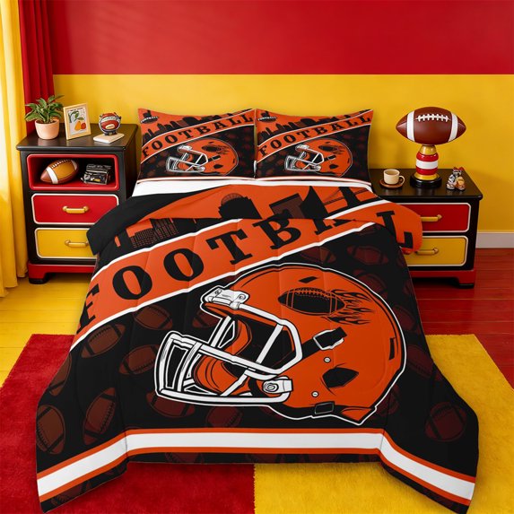 jejeloiu Football Sport City Queen Comforter Set,American Rugby Helmet Bedding Comforter Set For Boys Teens Reversible 3pcs