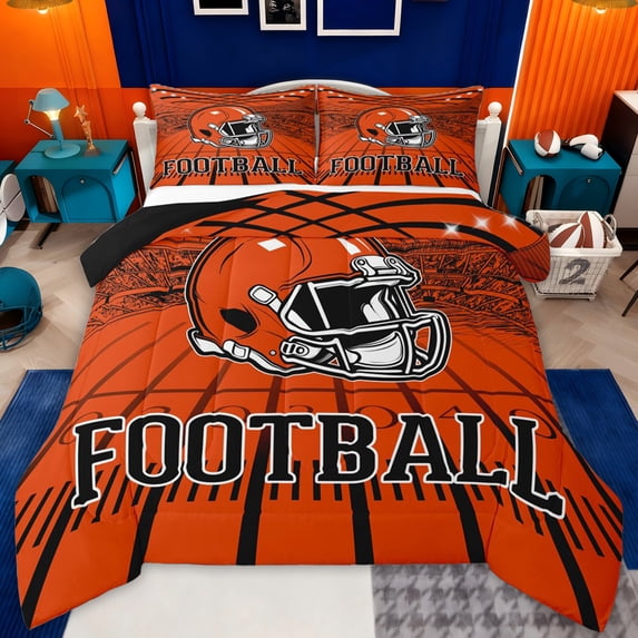jejeloiu Football Sport City Queen Comforter Set,Orange Rugby Helmet Bedding Comforter Set For Boys Teens Reversible 3-Piece
