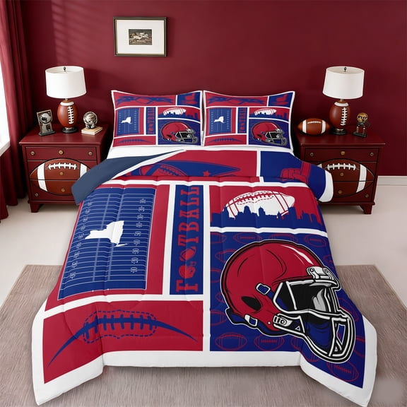 jejeloiu Football Sport City Queen Comforter Set,Red Blue Bedding Comforter Set For Teens Reversible 3 Pieces
