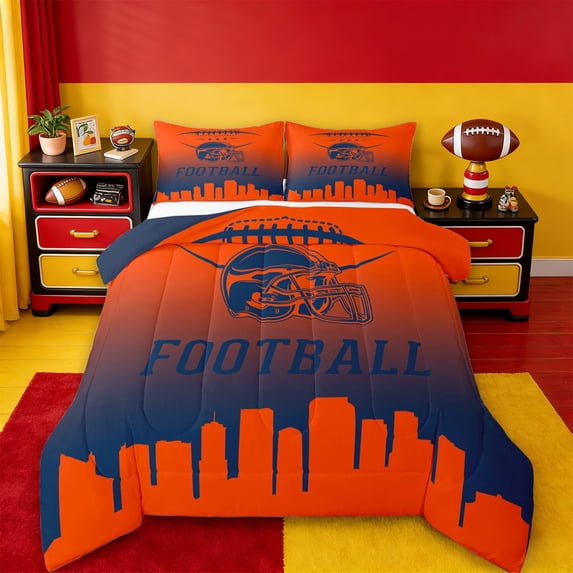 jejeloiu Football Sport City Twin Comforter Sets,Gradient Orange Deepblue Ombre Bedding Set For Rugby Lovers Reversible 2-Piece