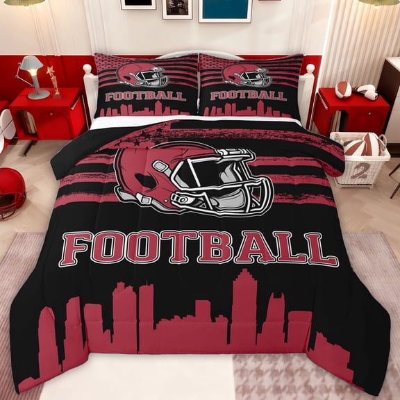 jejeloiu Football Sport City Twin Comforter Sets,Red Rugby Helmet Bedding Set For Boys Kids Reversible 2 Pieces