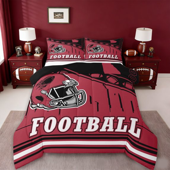 jejeloiu Football Sport Full Size Comforter Sets,Red Black Bedding Sets For Rugby Gamer Reversible 3 Pieces