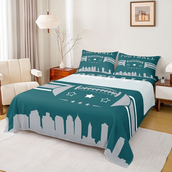 jejeloiu Football Sport Game Twin Sheet Sets,American Rugby City Silhouette Bedding For Boys Teens 3-Piece