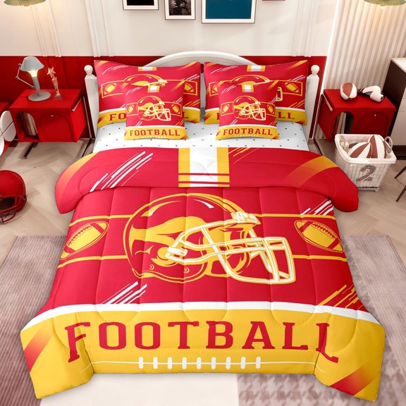jejeloiu Football Sport Games 7-Piece Twin Bedding Sets,Yellow Red Bedding Comforter Set For Rugby Gamer Reversible