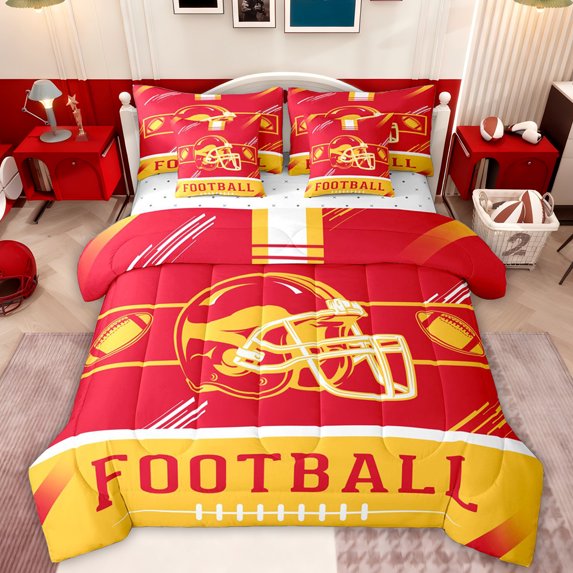 jejeloiu Football Sport Games 7 Pieces Bedding Comforter Set,Yellow Red Full Bedding Set For Rugby Gamer Reversible