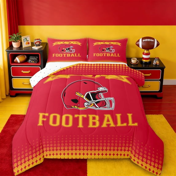 jejeloiu Football Sport Games Full Size Comforter Sets,Red Yellow Bedding Sets For Rugby Gamer Reversible 3pcs