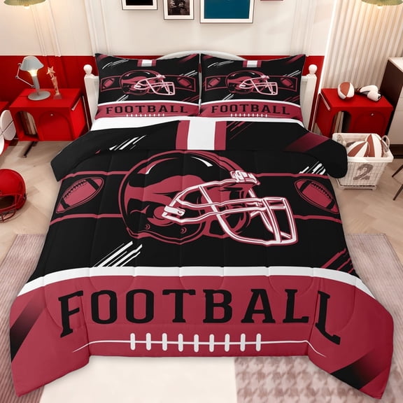 jejeloiu Football Sport Games Twin Comforter Sets,Black Red Bedding Set For Rugby Gamer Reversible 2pcs