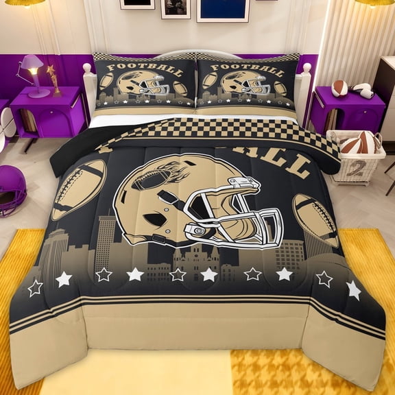 jejeloiu Football Sport Games Twin Comforter Sets,Gold Rugby Helmet Bedding Set For Kids Reversible 2 Pieces