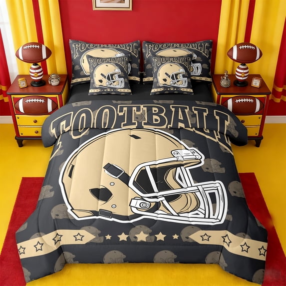 jejeloiu Football Sport Helmet 7-Piece Twin Bedding Sets,Gold Black Bedding Comforter Set For Rugby Gamer Reversible