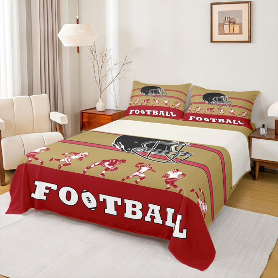 jejeloiu Football Sport Lover Bed Sheets,Rugby Helmet King Sheets,Red Brown Sheet Set For Teens,Ultra Soft Home Decor,4-Piece