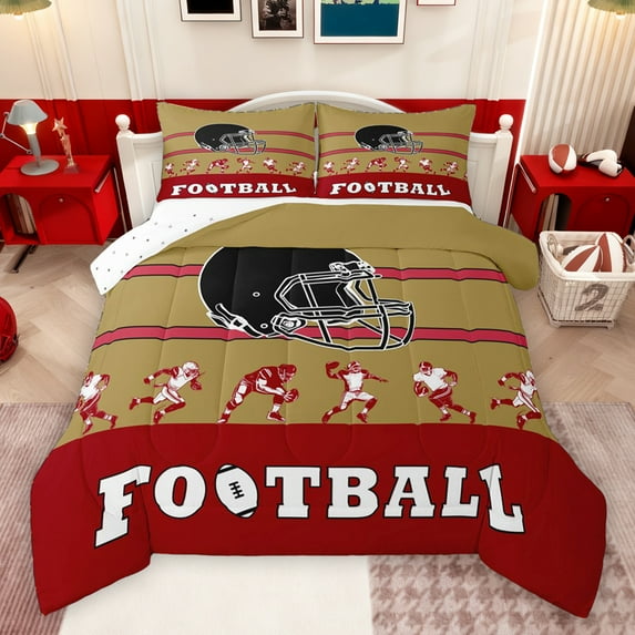 jejeloiu Football Sport Lover Full Size Comforter Sets,Rugby Helmet Bedding Comforter Set,Red Brown Bedding Sets For Teens,Ultra Soft Home Decor Reversible,3 Pieces