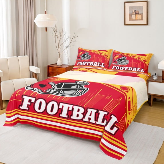 jejeloiu Football Sport Queen Sheet Sets,Red Orange Bed Set For Rugby Gamer 4pcs