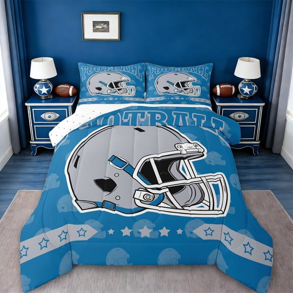 jejeloiu Football Sports Twin Comforter Sets,Gray Blue Bedding Set For Rugby Boys Reversible 2pcs