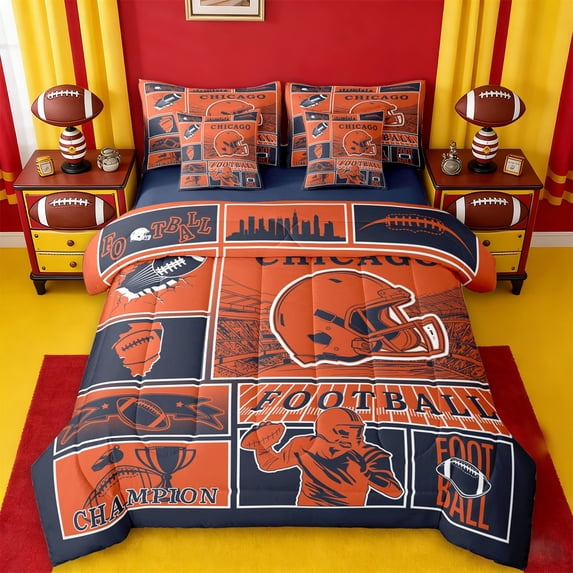 jejeloiu Footfall Sport Game 7-Piece Bedding Comforter Set,Orange Rugby Helmet King Bedding Sets For Adults Reversible