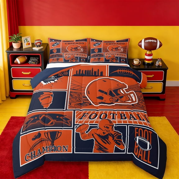 jejeloiu Footfall Sport Game Twin Comforter Sets,Orange Rugby Helmet Bedding Set For Adults Reversible 2 Pieces