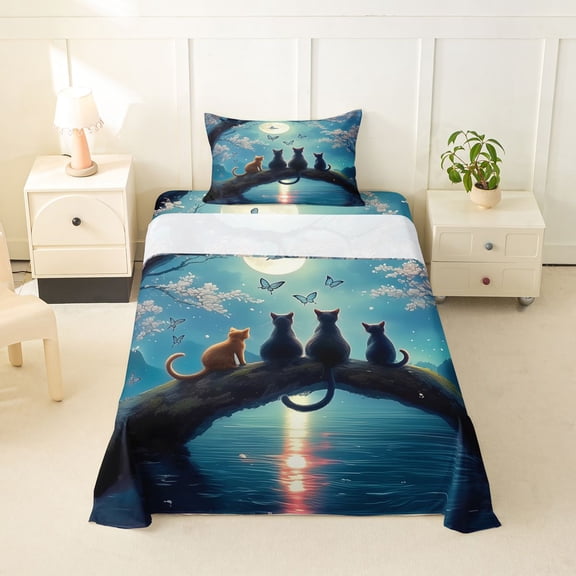 jejeloiu Four Cats Sakura Butterfly Twin Sheet Sets Kids,Japanese Style Scenery Art Bedding For Women,3-Piece