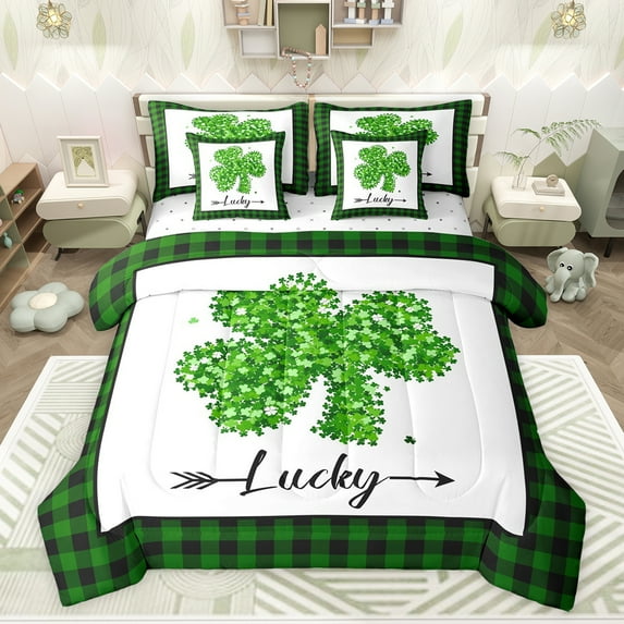 jejeloiu Four Leaf Clover 7-Piece Twin Bedding Sets,Lucky St.Patrick'S Day Bedding Comforter Set,Green Black Check Sheet Sets For Kids,Ultra Soft Home Decor Reversible
