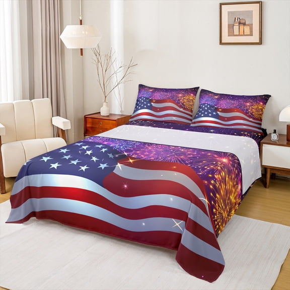 jejeloiu Fourth Of July Bed Sheets,American Flag Pattern King Sheets,Red White Blue Sheet Set For Men Women,Super Cozy Room Decor,4pcs