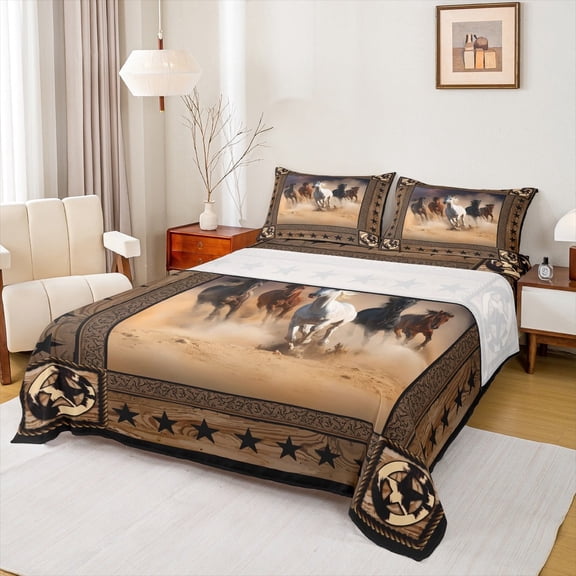 jejeloiu Fram Animal Horse Bed Sheets,Retro Stars Print King Sheets,Rustic Farmhouse Cabin Sheet Set For Men Women,Ultra Soft Home Decor,4 Pieces